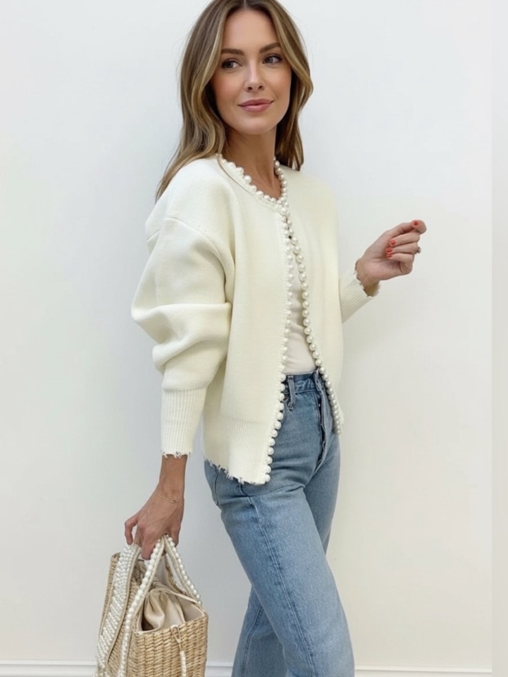 Commense Women's Cream Pearl-Trim Knit Cardigan Sweater Small